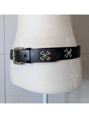 Vintage y2k leather boho belt w/ floral stitch & turquoise bead accents